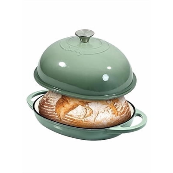 Davivy 6QT Oval Cast Iron Bread Oven with Domed Lid, Dutch Oven for Sourdough Bread, Bread Cloche Dutch Oven Sourdough Baking Pan with Lid, Sea Salt Green