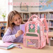 Girls Clear Backpack for Student School Transparent Bookbag with Reinforced Bottom Straps Multi Pockets Pink