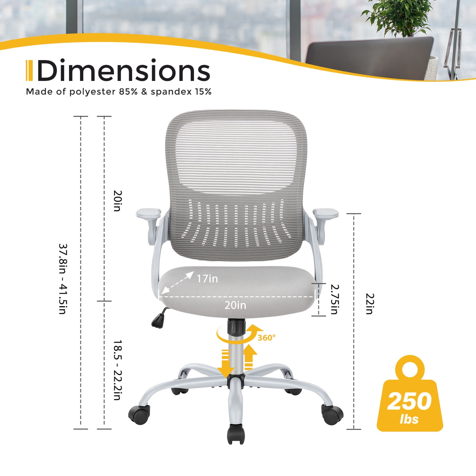 Desk Chair, Ergonomic Home Office Chair with Flip-Up Armrests, Rolling Chair with Lumbar Support, Executive Height Adjustable Swivel Task Chair, Grey