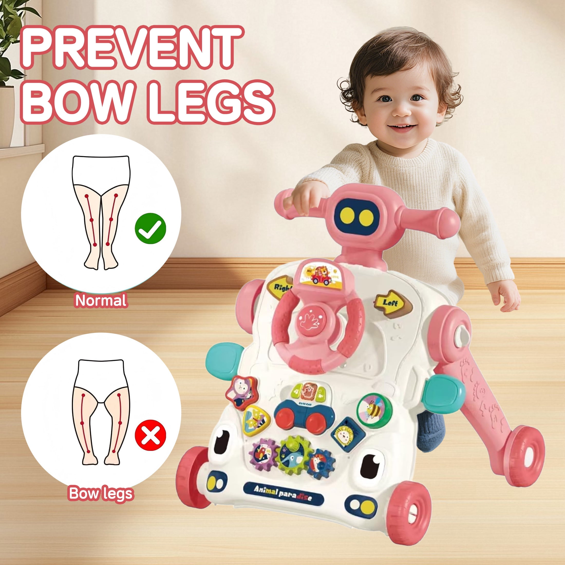 KOPPOP Baby Walker, 3-in-1 Activity Center and Learning Walker Sit-to-Stand Toy with Music & Lights, Foldable Push Toy for Infant Toddler 9+ Months, Pink