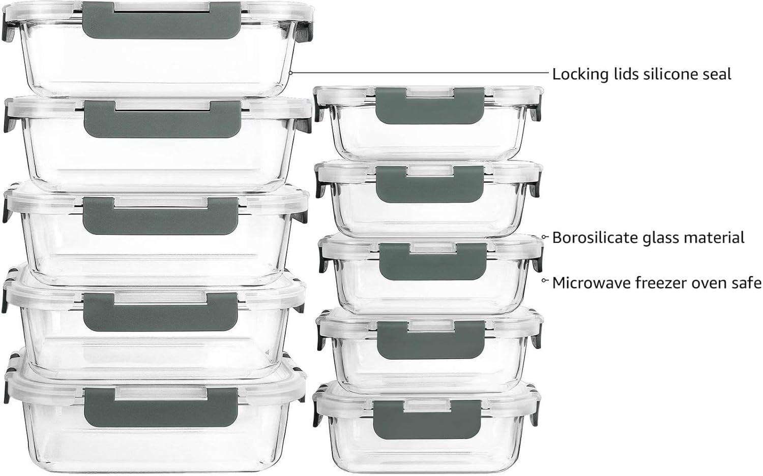 [10-Pack] Glass Meal Prep Containers with Lids, Food Storage Containers with Snap Locking Lids, Airtight Lunch Containers, Microwave, Oven, Freezer and Dishwasher, Gray
