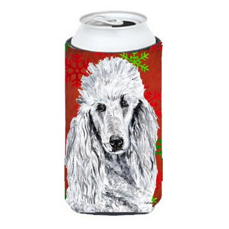 

White Standard Poodle Red Snowflakes Holiday Tall Boy bottle sleeve Hugger - 22 To 24 Oz.