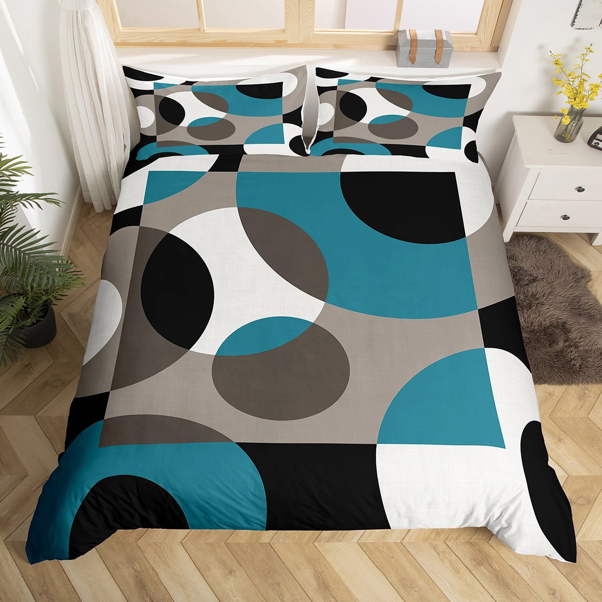 Blue Circle Bedding Set Geometry Comforter Cover,Abstract Swirls Stripe