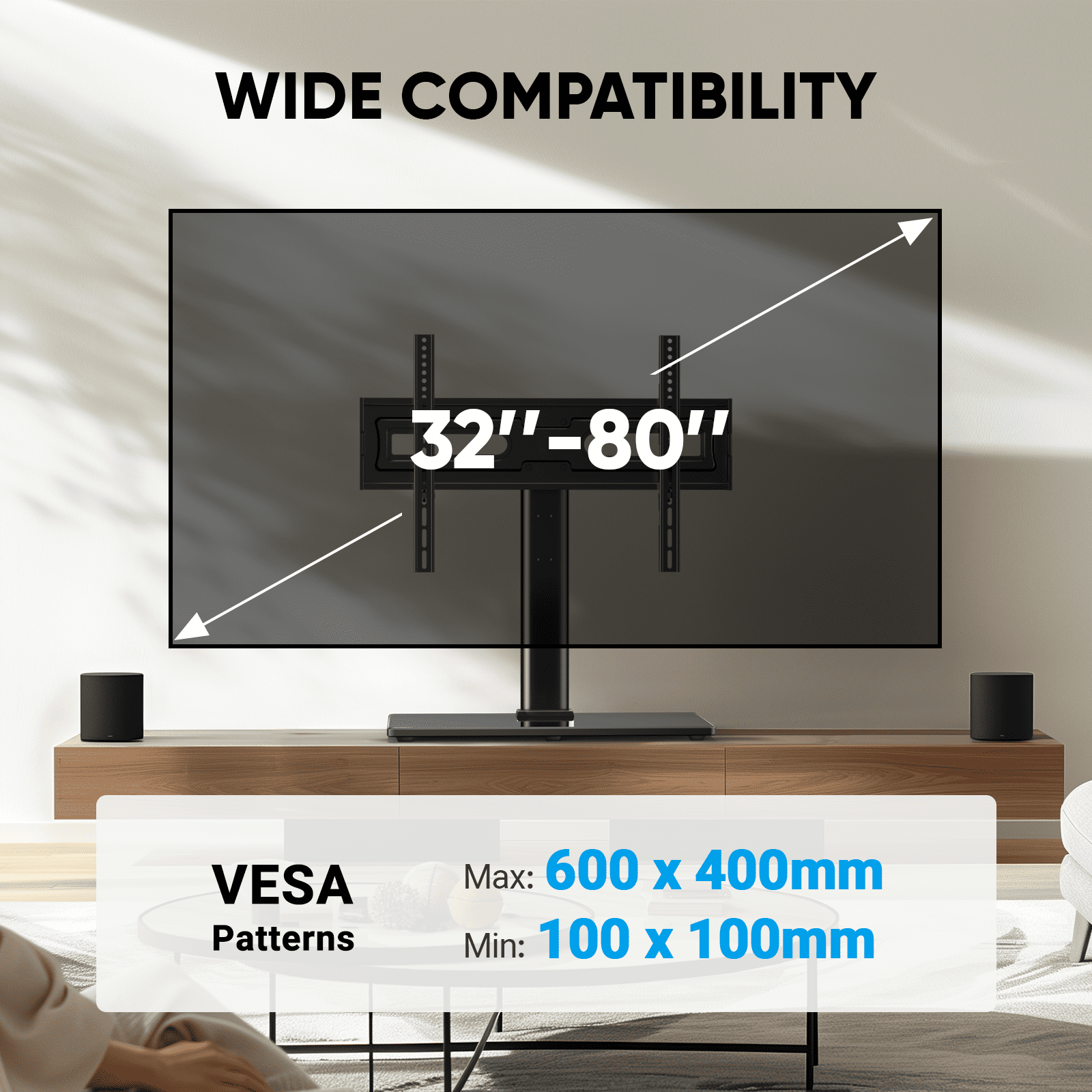 MountFTV Universal Swivel Tabletop TV Stand for 32-80 inch LCD LED TVs, Max 600x400mm, Hold Up to 110 lbs
