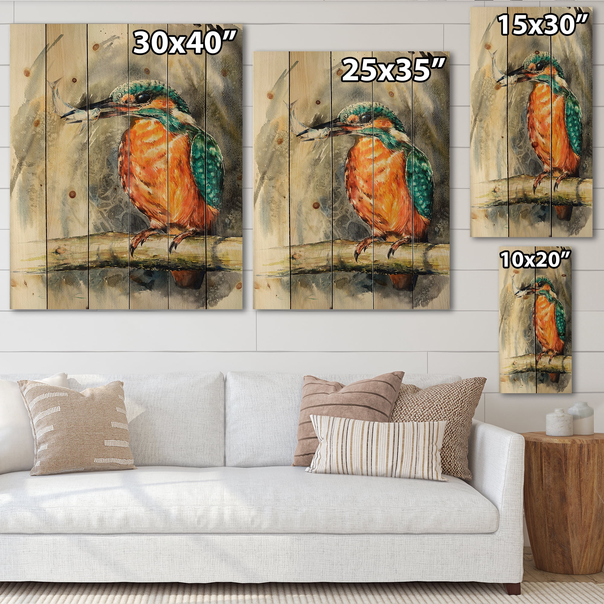 Designart 'Common Kingfisher On Branch Eating A Small Fish' Traditional Print on Natural Pine Wood