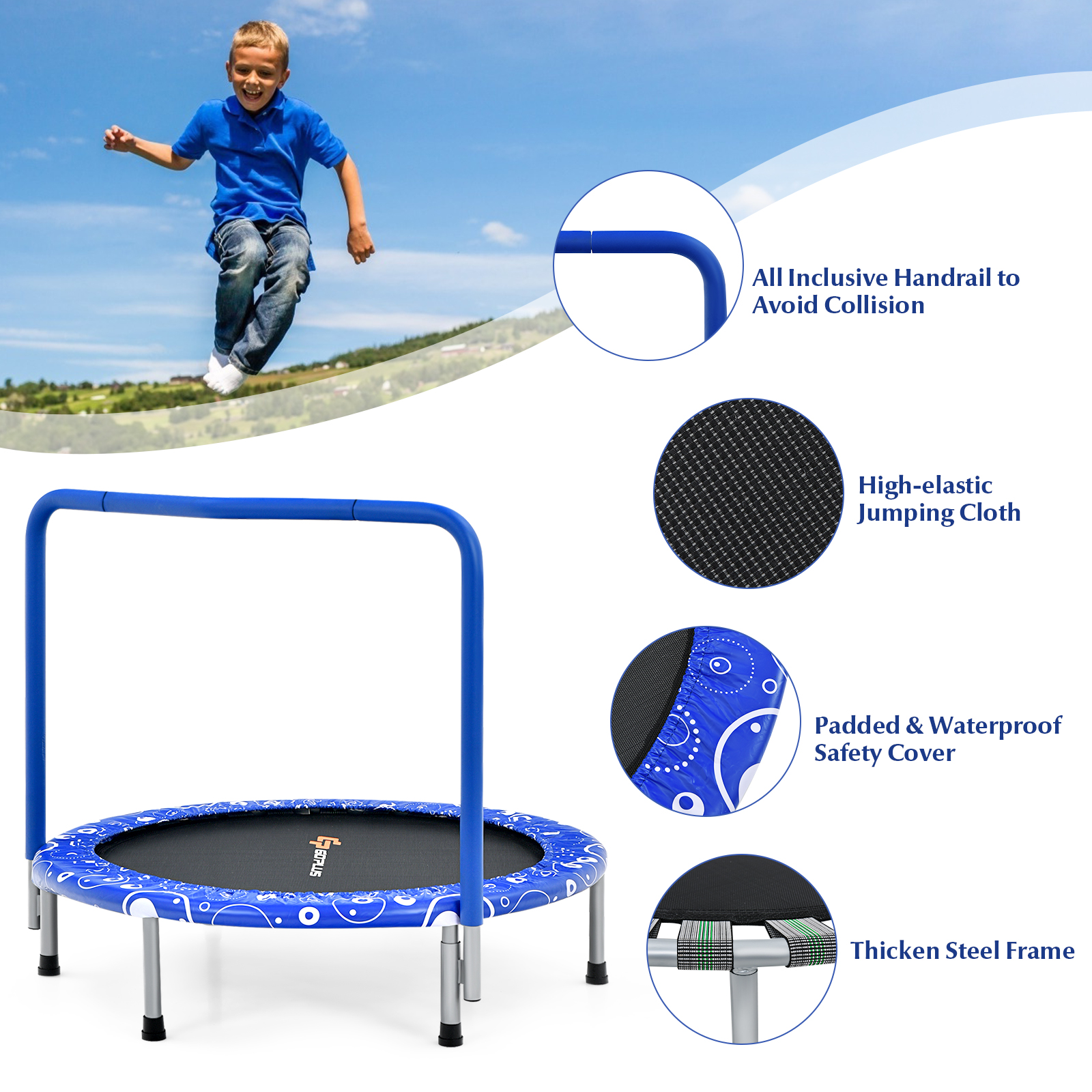 Infans 36" Kids Trampoline Rebounder W/Full Covered Handrail & Pad Indoor Outdoor Blue