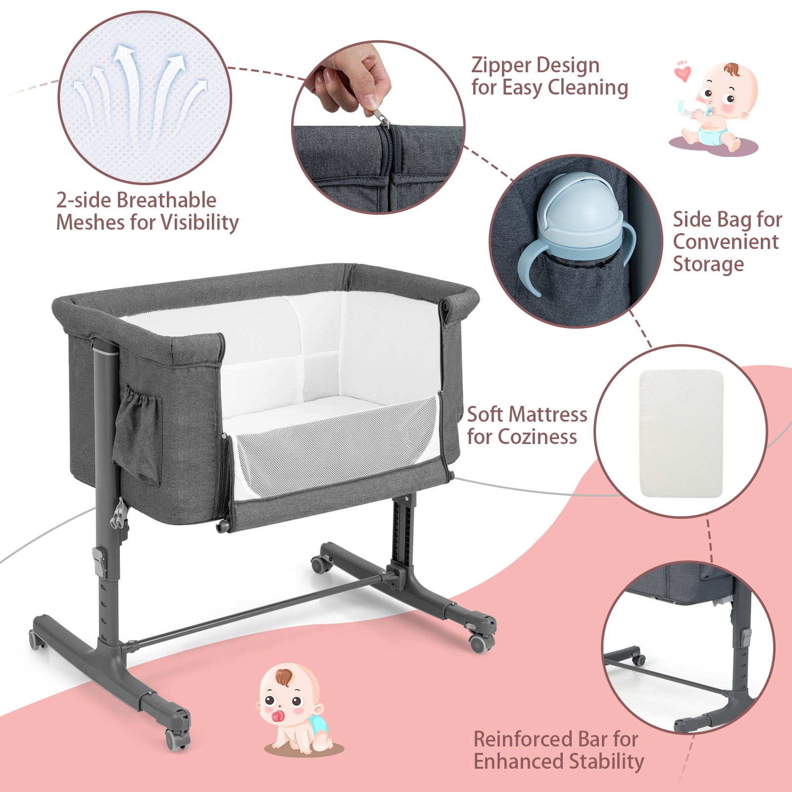 Babyjoy 3-in-1 Baby Bassinet Beside Sleeper Crib with 5-Level Adjustable Heights Gray