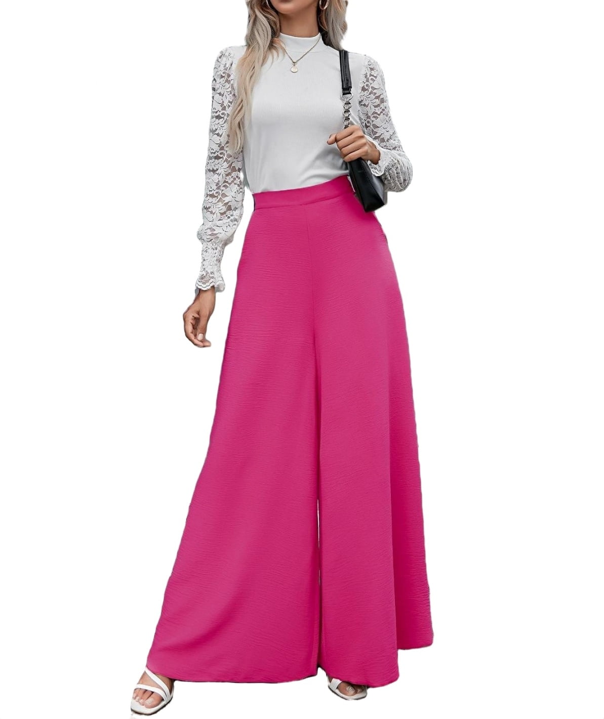 Women's High Waist Zipper Back Wide Leg Palazzo Pants Pink 