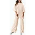 thumbnail image 6 of WTOBBY Women's Loose Fashion Solid Color Split Hem Round Neck Short Sleeve Top and Long Pants Two Piece Casual Summer Set for Women,Beige M, 6 of 6