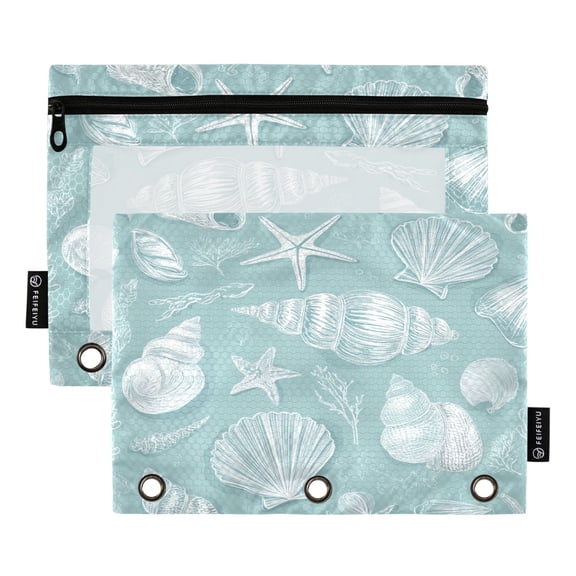 2 Pack 3 Ring Binder Pouch with Clear PVC Window Water Resistant Zipper Pencil Pouch Light Blue Seashells Pattern Binder Pocket for Classroom Office Home Stationery Organization