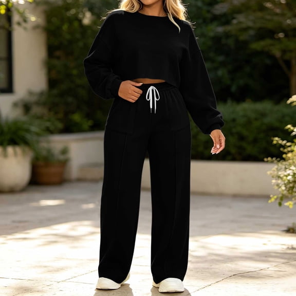 Usloyux Women's 2 Piece Lounge Set Matching Outfits Long Sleeve Crop Top Round Neck and Wide Leg Pants with Drawstring Elastic Waist Casual Tracksuit, Black XL