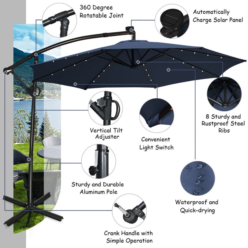 Aimee Lii 10 ft 360° Rotation Solar Powered LED Patio Offset Umbrella without Weight Base, Table Umbrella Outdoor Patio, Navy Aimee Lii 10 ft 360° Rotation Solar Powered LED Patio Offset Umbrella without Weight Base, Table Umbrella Outdoor Patio, Navy