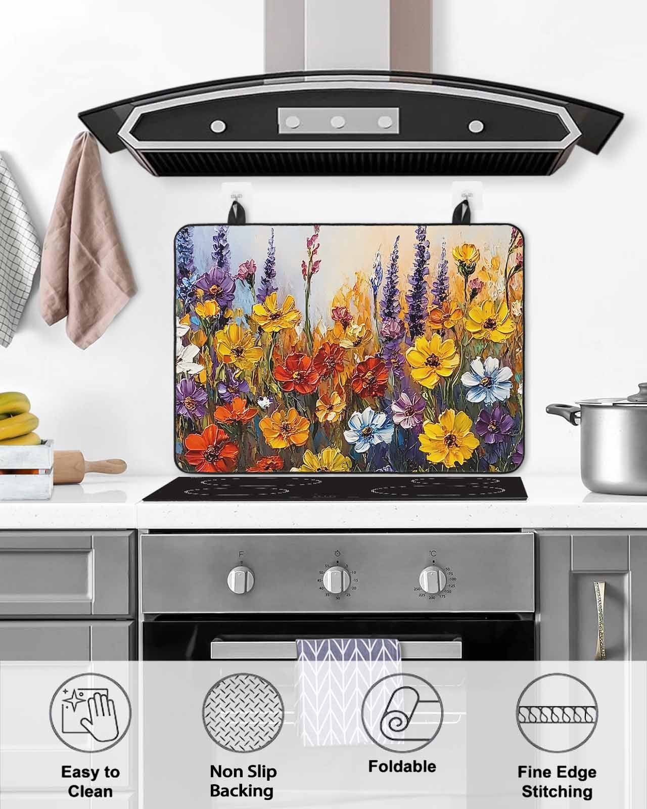 nqOlkjepod Large Induction Cooktop Protector Mat 24"x21", Farmhouse Flowers Stove Top Covers for Electric Stove, Country Botanical Floral Oil Painting Stove Burner Cover Mats, Glass Top Stove Cover