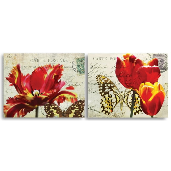 Carte Postale; Popular Vibrant Tulip and Butterfly; Floral Decor; Two 14x11 Poster Prints