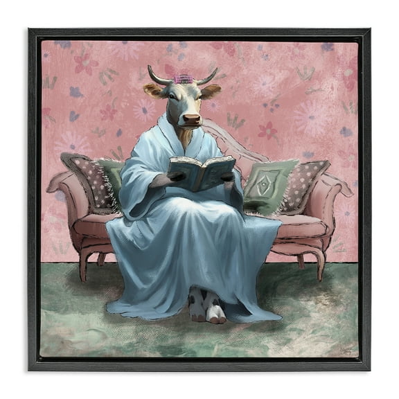 Stupell Industries Cow Reading Evening Book Novelty & Humor Painting Black Floater Framed Canvas Art Print Wall Art, 18 x 18
