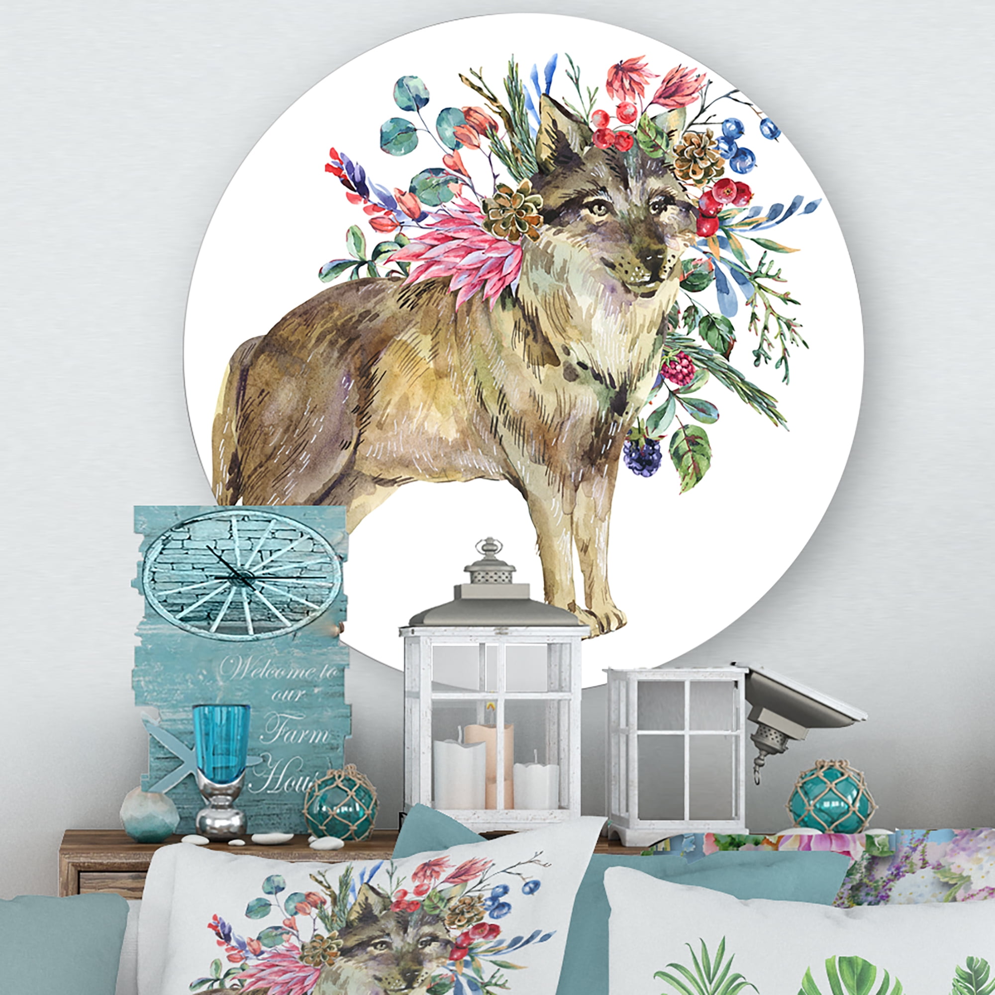 Designart 'Wolf With Woodland Flowers On White' Farmhouse Circle Metal Wall Art 23x23 - Disc of 23