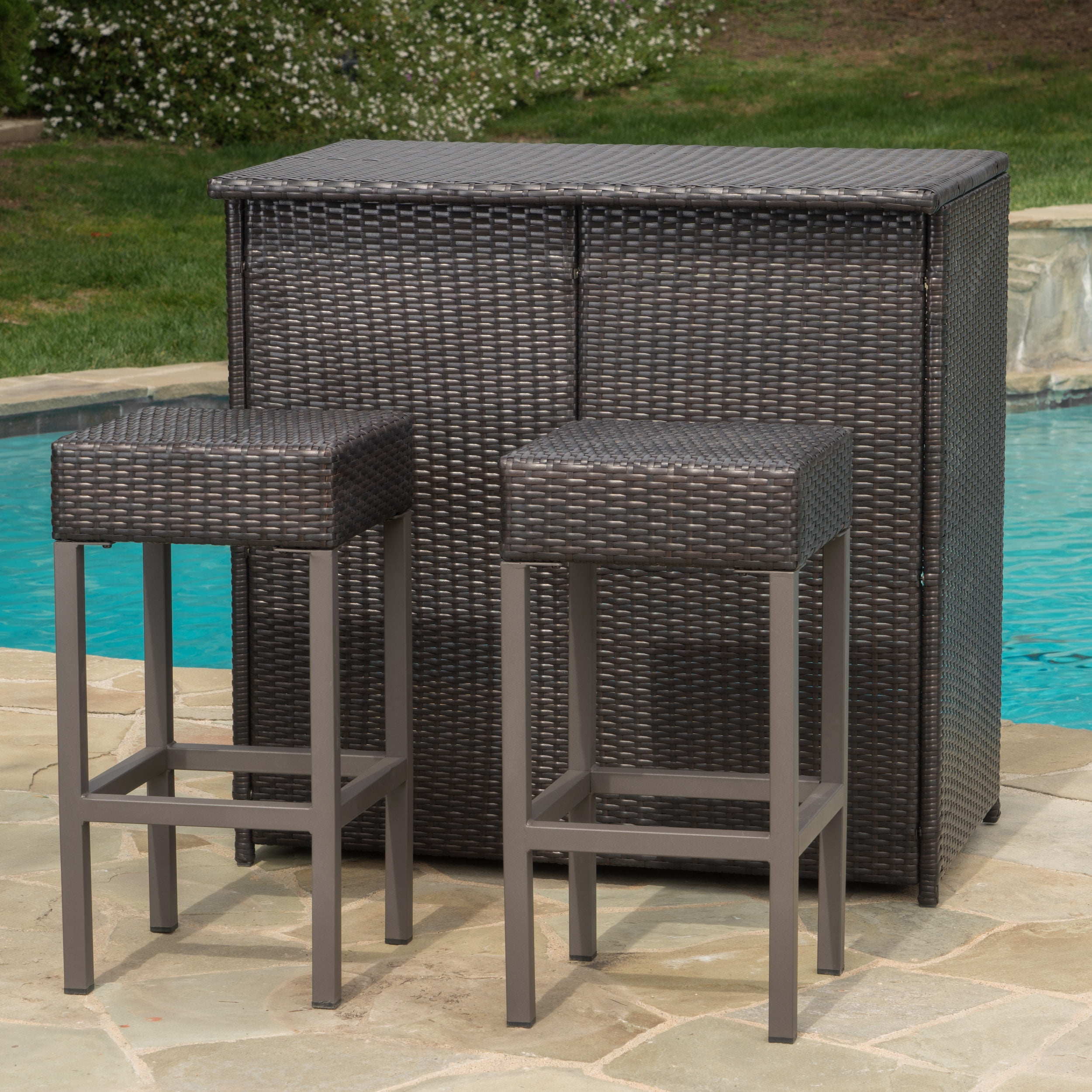 Colina Outdoor 3 Piece Wicker Bar Island Set, Multibrown
