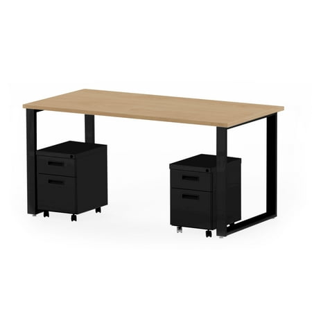 60” X 30” Desk and 2 Mobile Pedestals, Kensington Maple Laminate / Black Finish