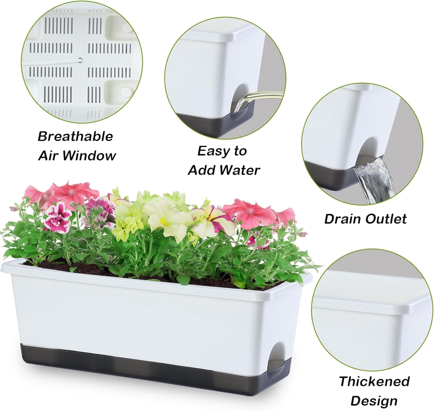 Window Box Planter 8 Pcs, 17 Inches Rectangle Flower Pots with Drainage Holes & Trays, Vegetable Planters for Windowsill Patio Garden Balcony Home Indoor Outdoor (White, 16 * 7 * 6 inch)