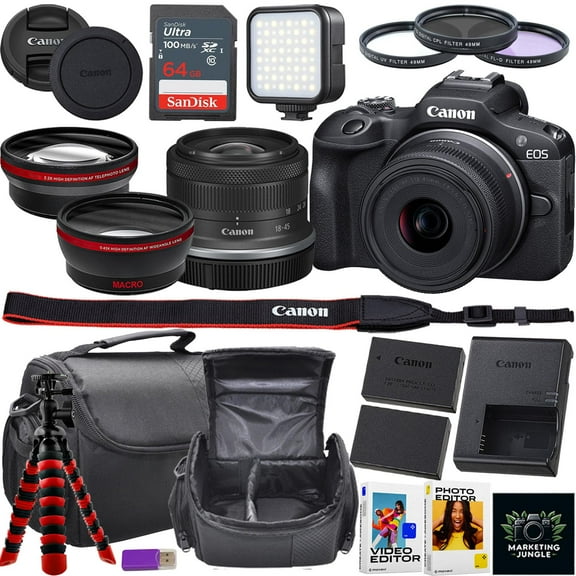 Canon EOS R100 Mirrorless Camera w/Canon RF-S 18-45mm f/4.5-6.3 is STM Lens   Camera Case   Extra Battery   64GB Memory   Flexible Tripod   More (17pc Bundle)