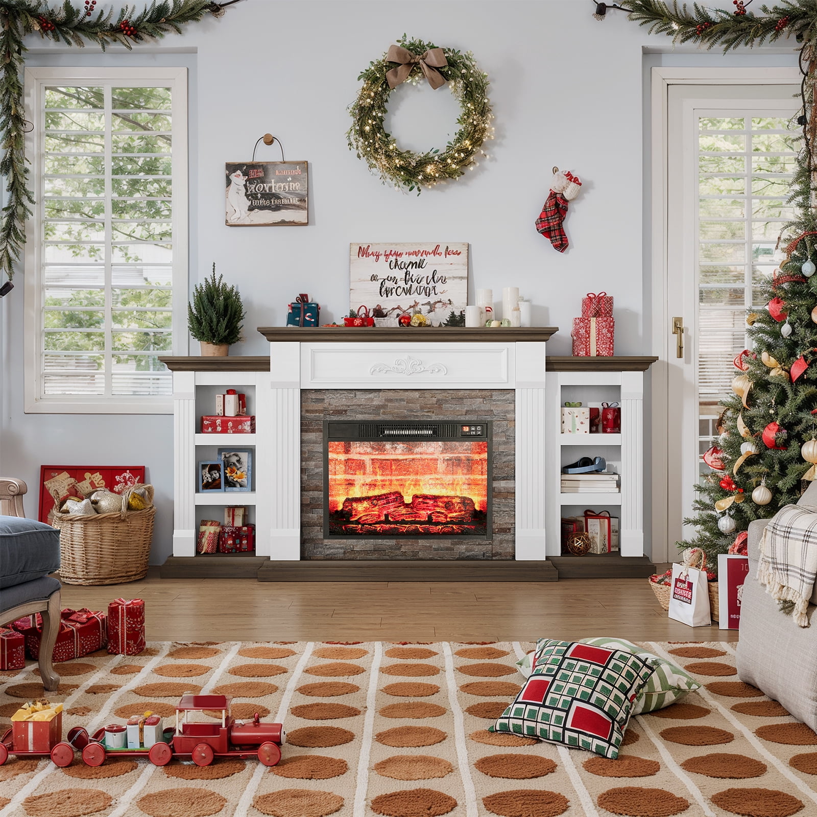 72" Electric Fireplace with Mantel, Stacked Stone Surround with 23" Fireplace Insert, Adjustable Flame, Red Brick Fireplace, White Brown