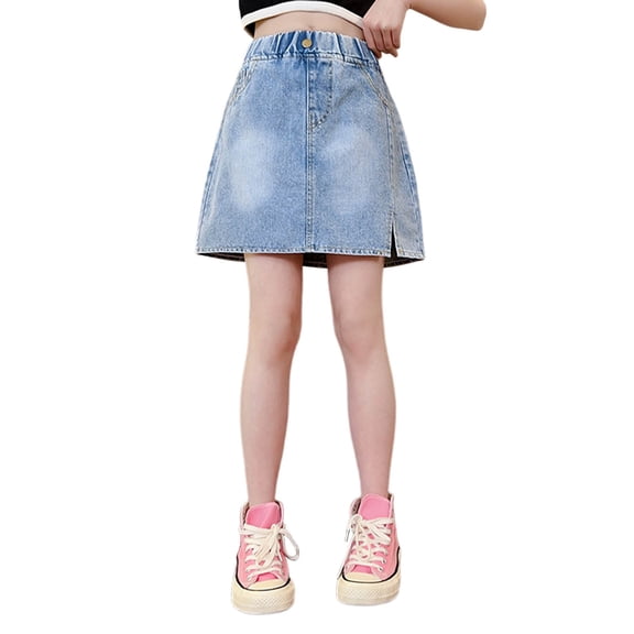 Ticikt Stylish Girls Denim Skirt for Summer Fashion with Asymmetric Side Slit Casual A Line Midi Skirt,Color:Blue,Size:13-14 Years