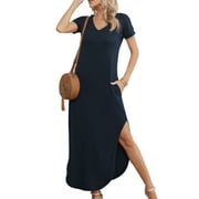 QINCAO Maxi Dresses for Women Short Sleeve V Neck Casual Loose Long Split Dresses with Pockets,L(12-14)