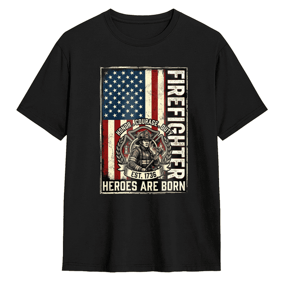 Firefighter Hero American Flag Vintage Graphic Tee for Men, Funny Firefighter Cotton Short Sleeves T-Shirt