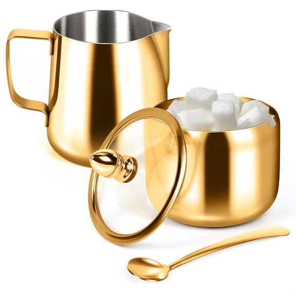 Coffee bar Accessories - Stainless Steel Sugar Bowl and Milk Frothing Pitcher Set with Lid and Spoonfor Coffee Bar (Gold)