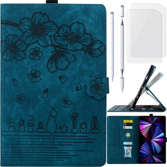 for Samsung Galaxy Tab S9 FE  Leather Case, Cartoon Oil Painting Cat Cherry Blossoms Folio Flip Cover, Stylus Pen Holder Card Slot, Magnetic Floral Buckle, Screen Protector