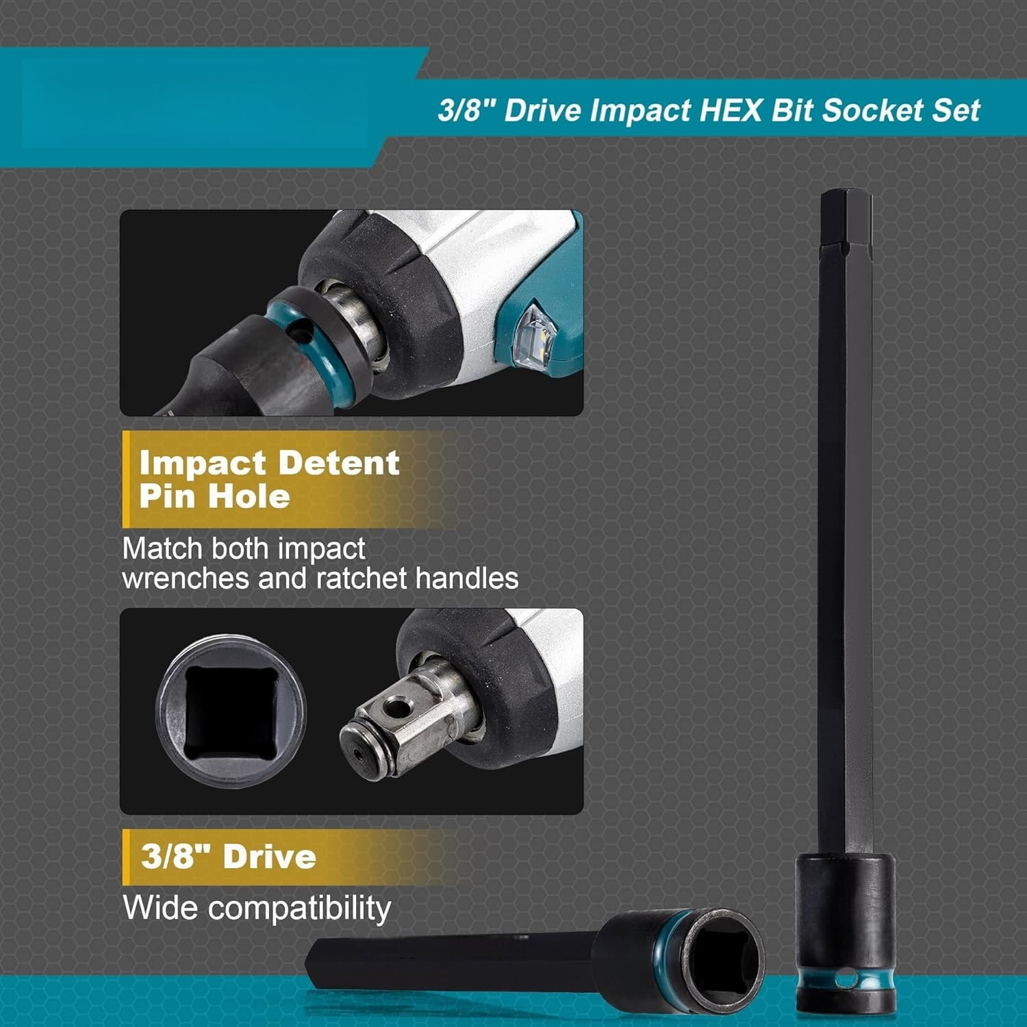 3/8" Drive Long Impact Hex Bit Socket Set, Allen Bit Sockets, S2 Steel Hex Head Sockets, 20PCS Allen Wrench Socket, SAE&Metric Allen Bit Socket Set, 6" Long Allen Key Socket, Blow Molded Box