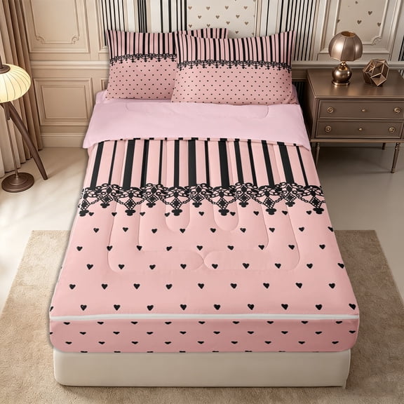 Castle Fairy Retro Lace Trim Stripe Zipper Twin Comforter Sets with Fitted Sheet and 2 Pillowcases,Minimalism Heart Grid Zipper Bedding Set,Pink Black,Reversible