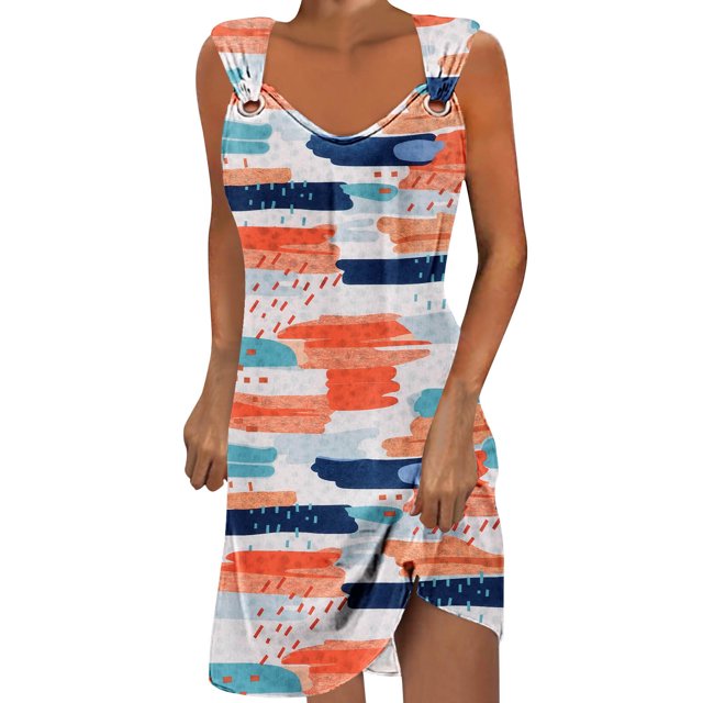 Penkiiy Printemps Dresses for Women 2024 Décontracté Imprimé Ample Sans Manches Couleur Unie Col Rond Tempérament Élégant Licou Dresses L Multicolore