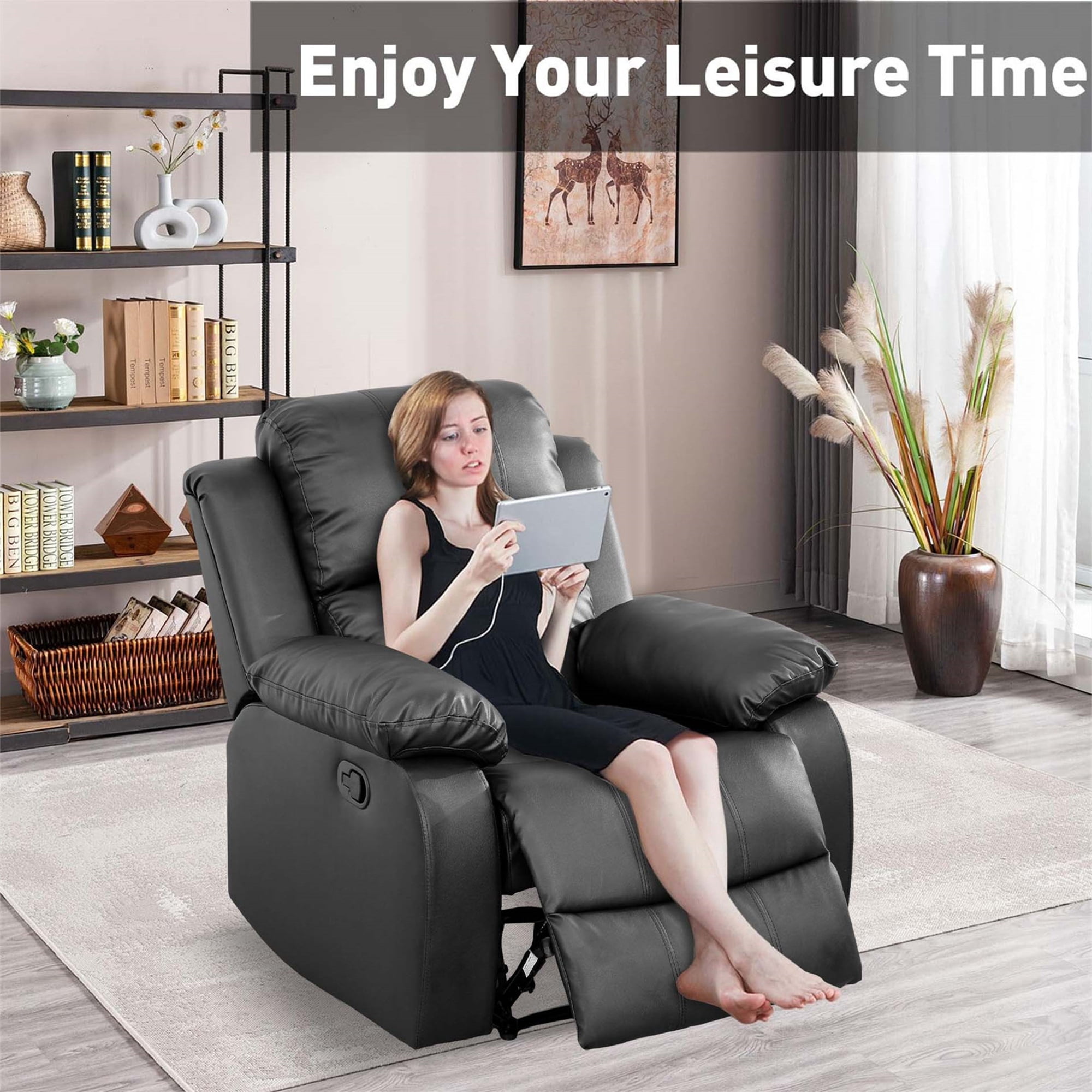 Aukfa Faux Leather Manual Recliner Chair Single Sofa Armchair for Living Room, Bedroom, Black