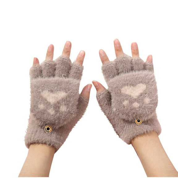 hoksml Women's Convertible Mittens Fingerless Gloves with Flip Cover Cute Plush Animal Gloves for Writing Touchscreen Warm Fleece Lined Winter Gloves