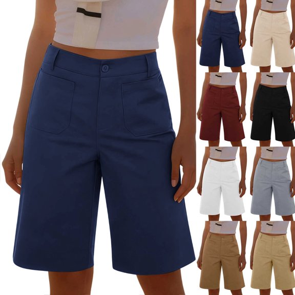 Zpzdpjkx Women's High Waist Stretch Bermuda Shorts, Casual Solid Twill Knee-Length Shorts with Pockets