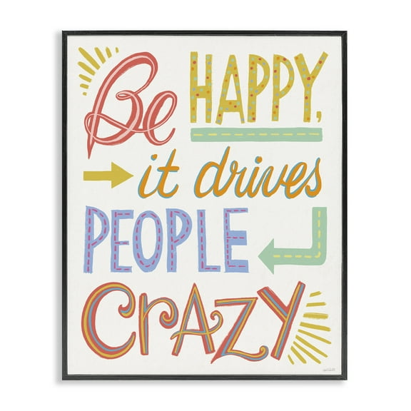 Stupell Industries Bright Be Happy Phrase Typography Painting Black Framed Art Print Wall Art, 11 x 14