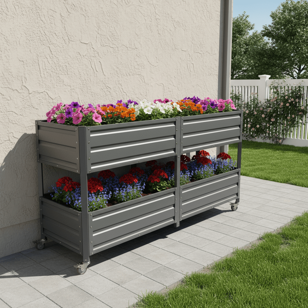 Mintazer 2-Tier Elevated Metal Raised Garden Bed with Lockable Wheels, 2-Layer Raised Planter Box for Backyard Patio Balcony Greenhouse, Dark Gray
