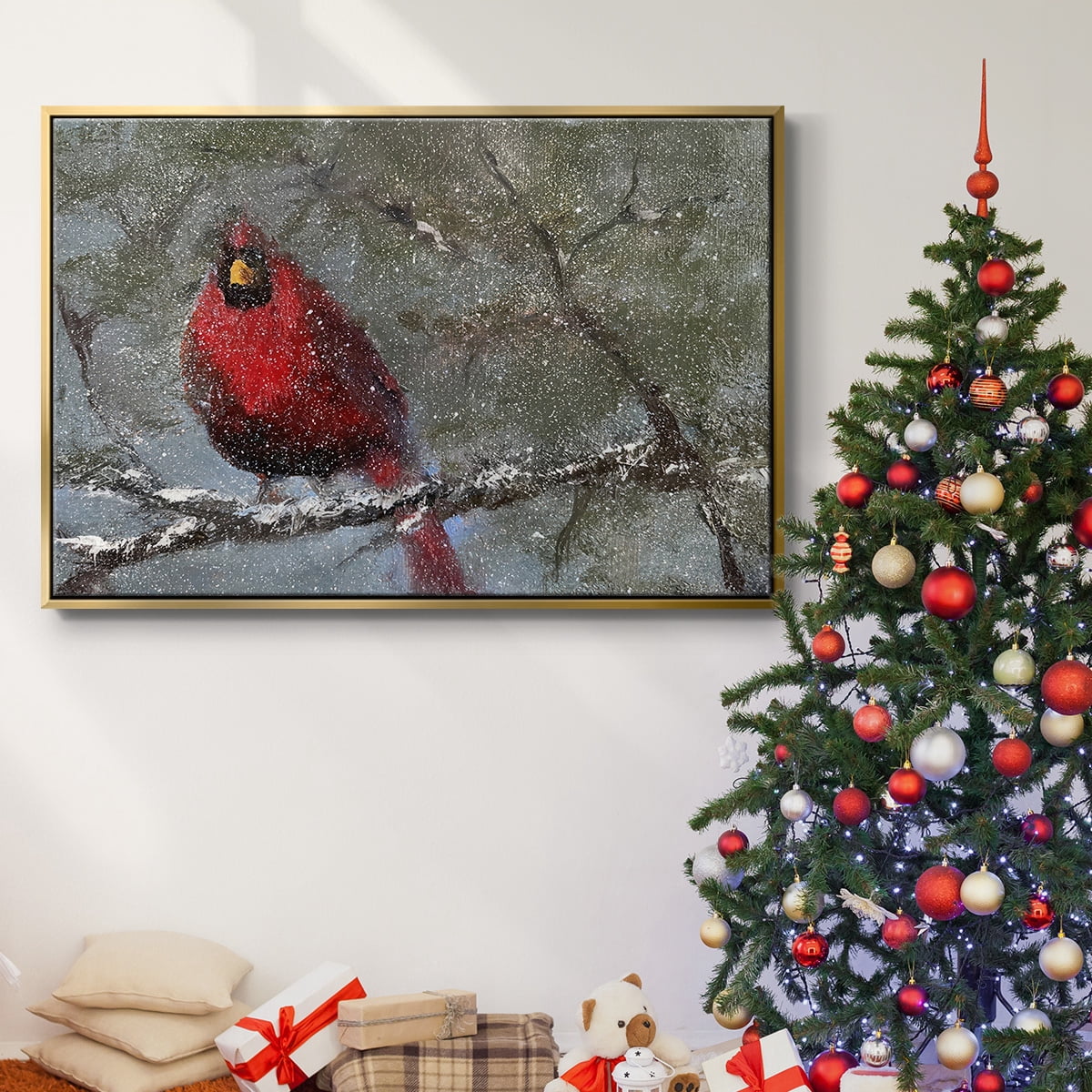 Cardinal in Snow I - Framed Gallery Wrapped Holiday Canvas - 25 x 37 - Gold Frame