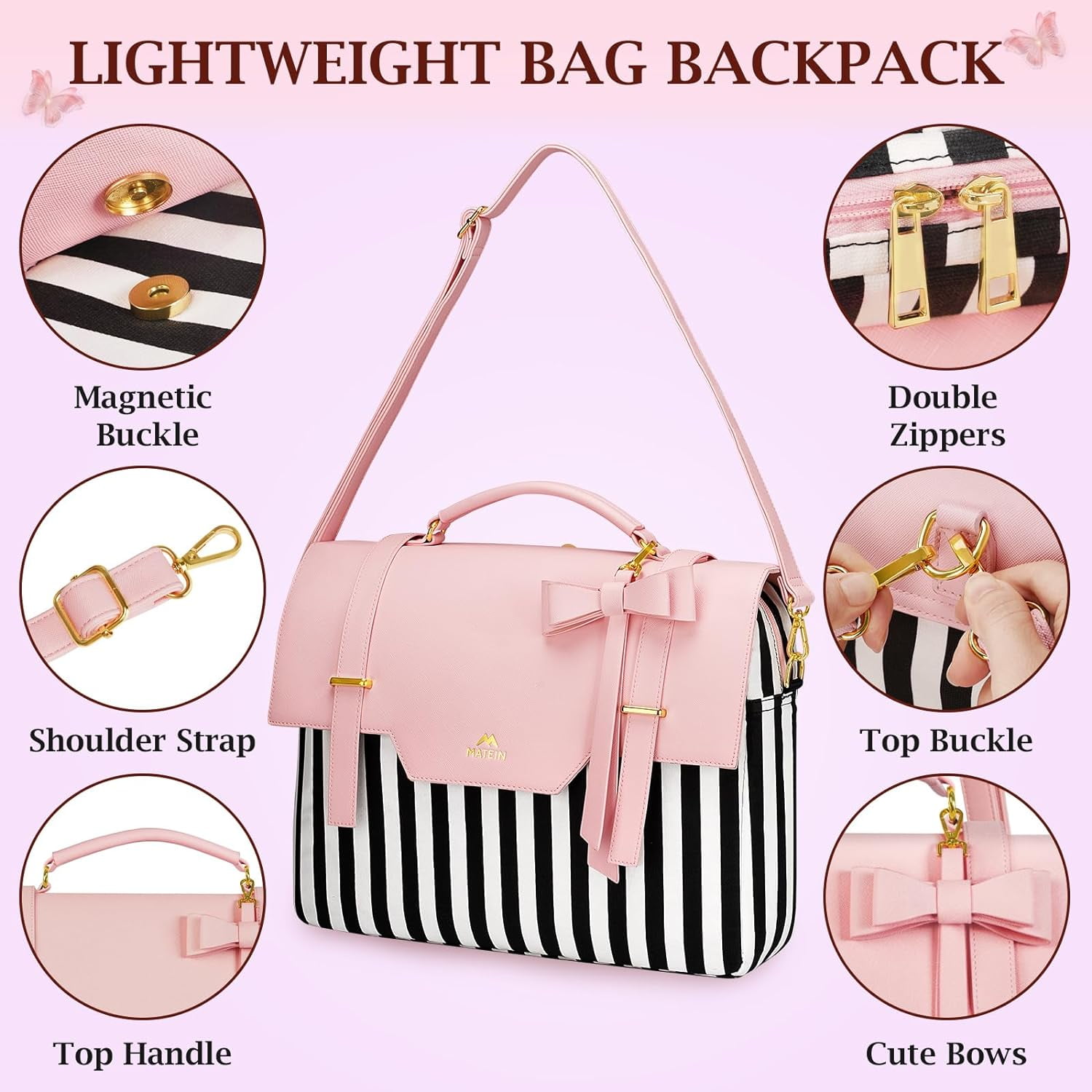 Matein 15.6inch Laptop Backpacks for Women, 3 in 1 Laptop Tote Bag with Bow for School and Work, Pink