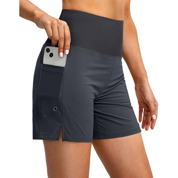 Short de Bain Taille Haute 5" pour Femmes avec Poches pour Téléphone UPF 50+ Short de Plage à Séchage Rapide pour Femmes avec Doublure Gris Foncé X-Small