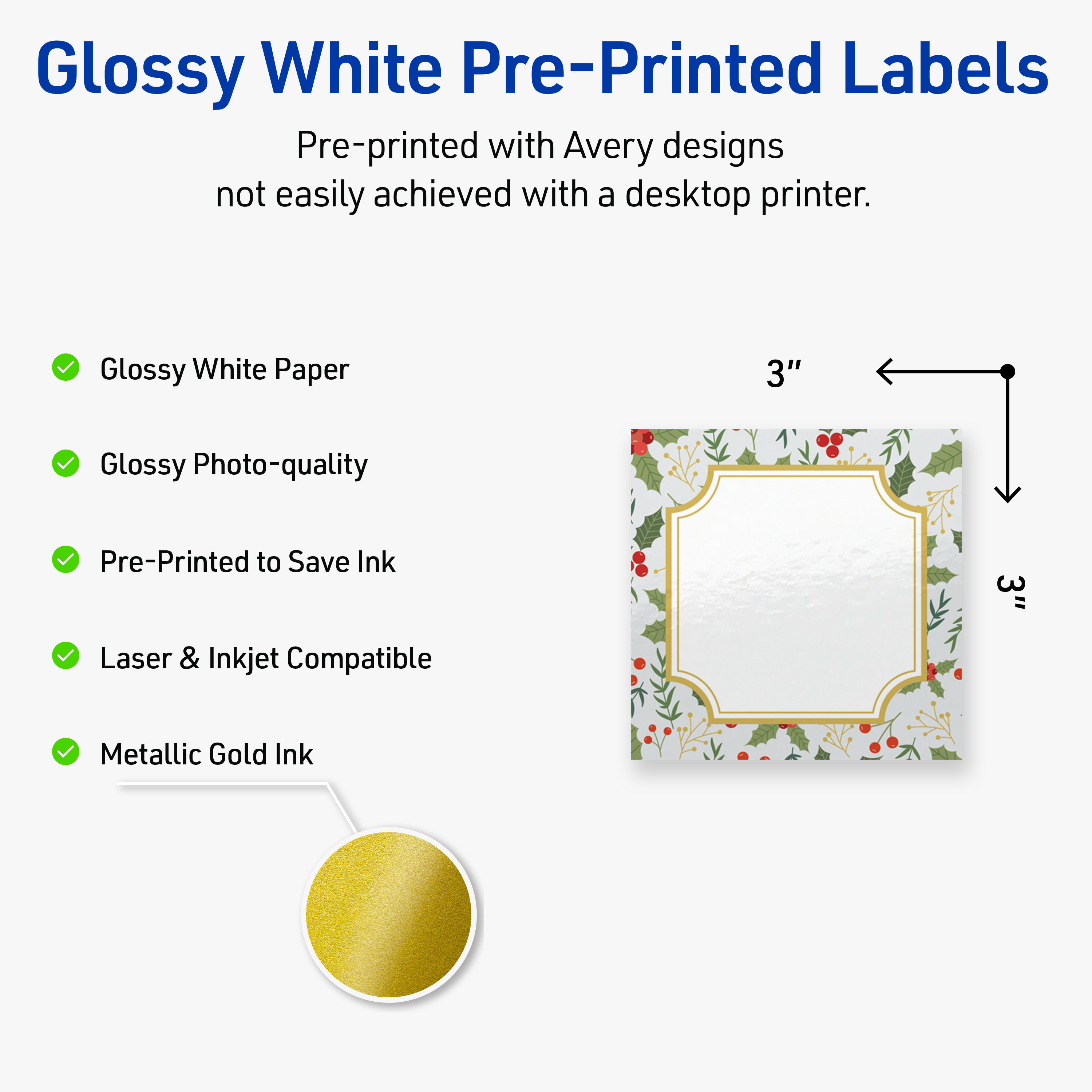 Avery Labels, 3" x 3", Gold-Blue Border Berries, Glossy, 60ct