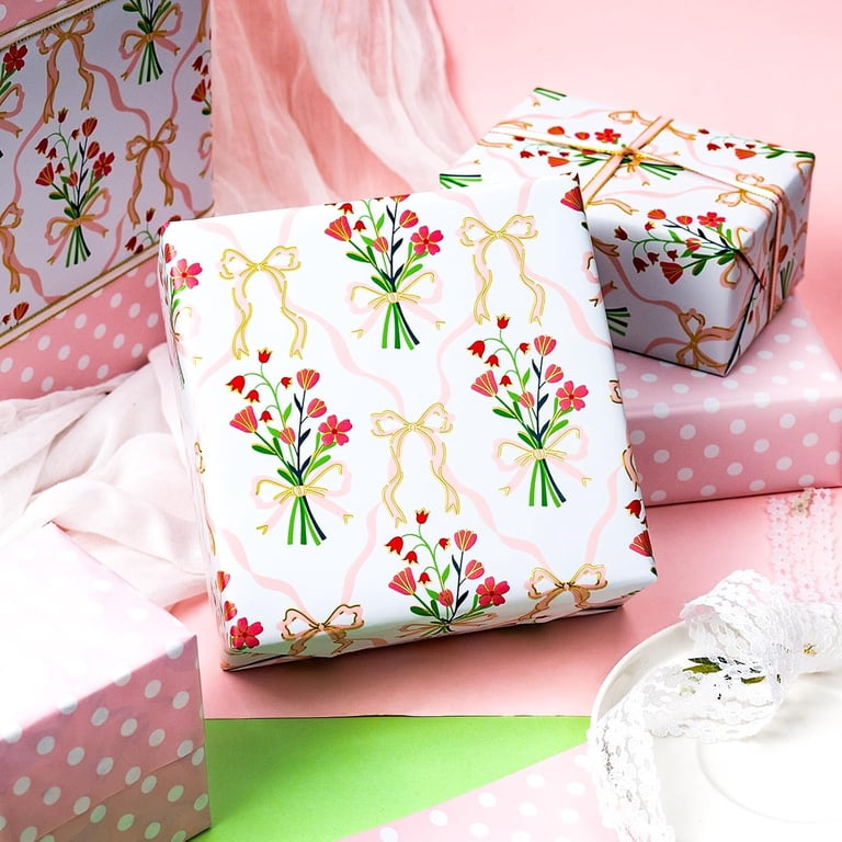 HOMERAL Reversible Floral Bow Wrapping Paper, Metallic Gold, 17"x32.8' photo 4