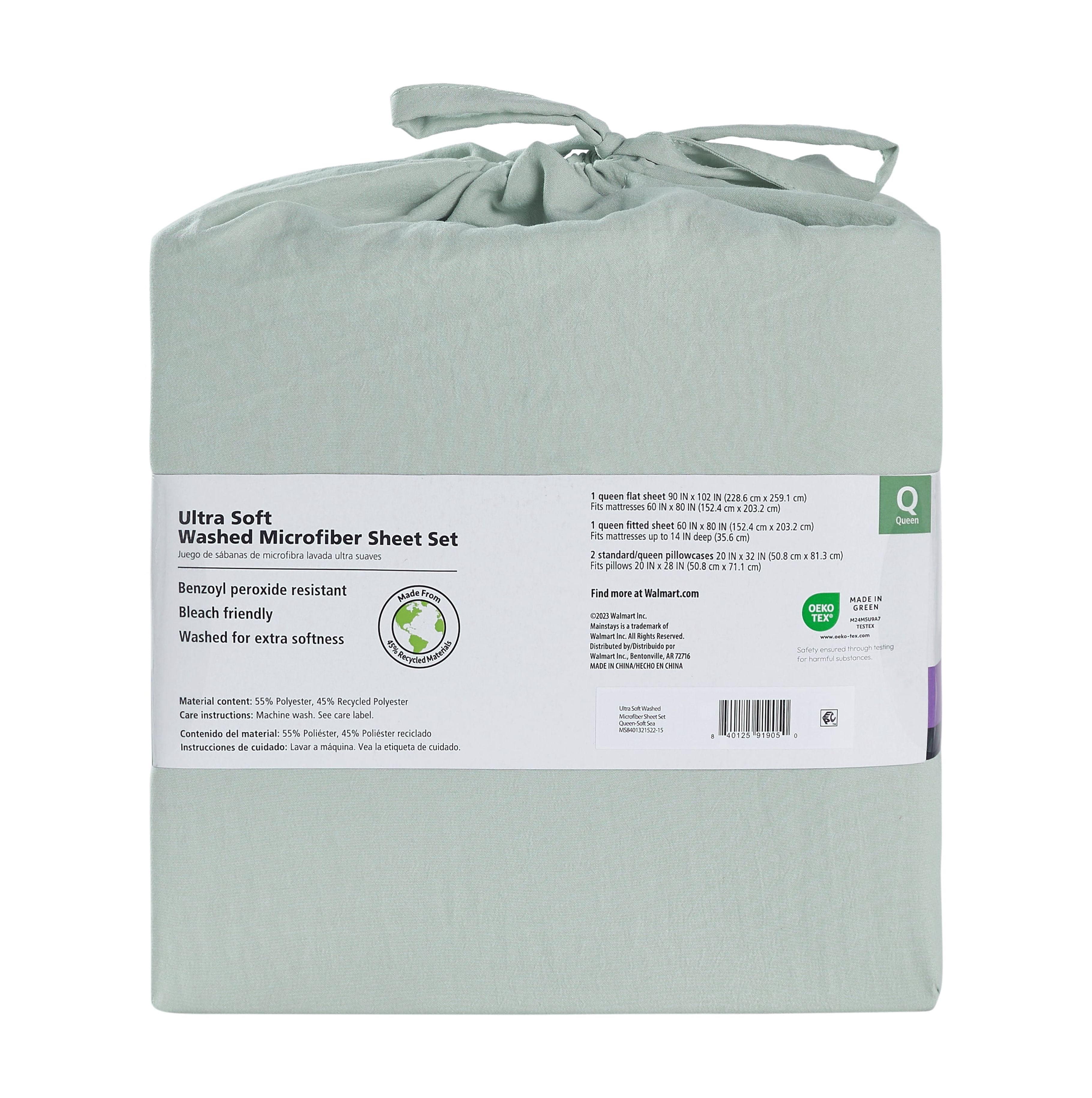 Mainstays Washed Ultra Soft Microfiber Bed Sheet Set, Full, Soft Sea, 4 Piece
