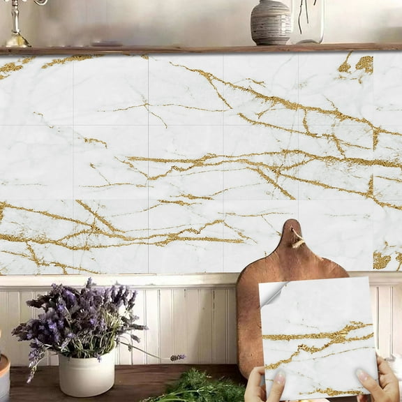 10 Sheets Gray Gold Marbling Tiles Decals Stickers 6x6inches Self-adhesive Waterproof Removable Vinyl Peel and Stick for Kitchen Bathroom Wall Decor