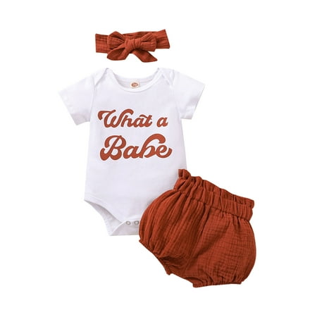 

Canrulo Baby Girls 3pcs Outfit Set Babe Letter Romper Shorts Headband Brick Red 6-12 Months
