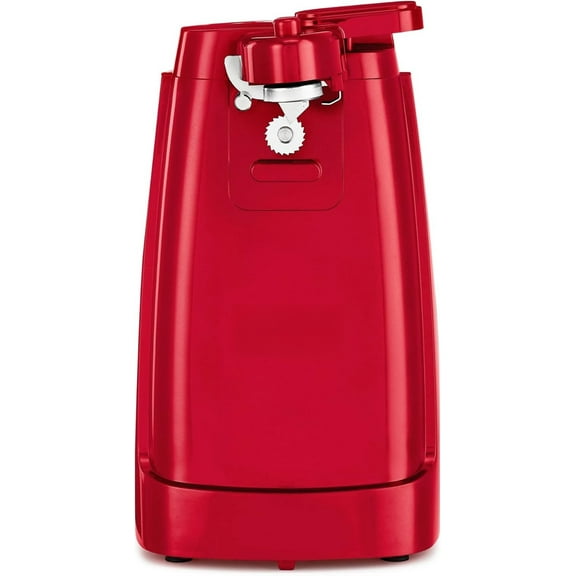 Electric can opener/knife sharpener with detachable cutting rod, power cord storage, and stainless steel blade.