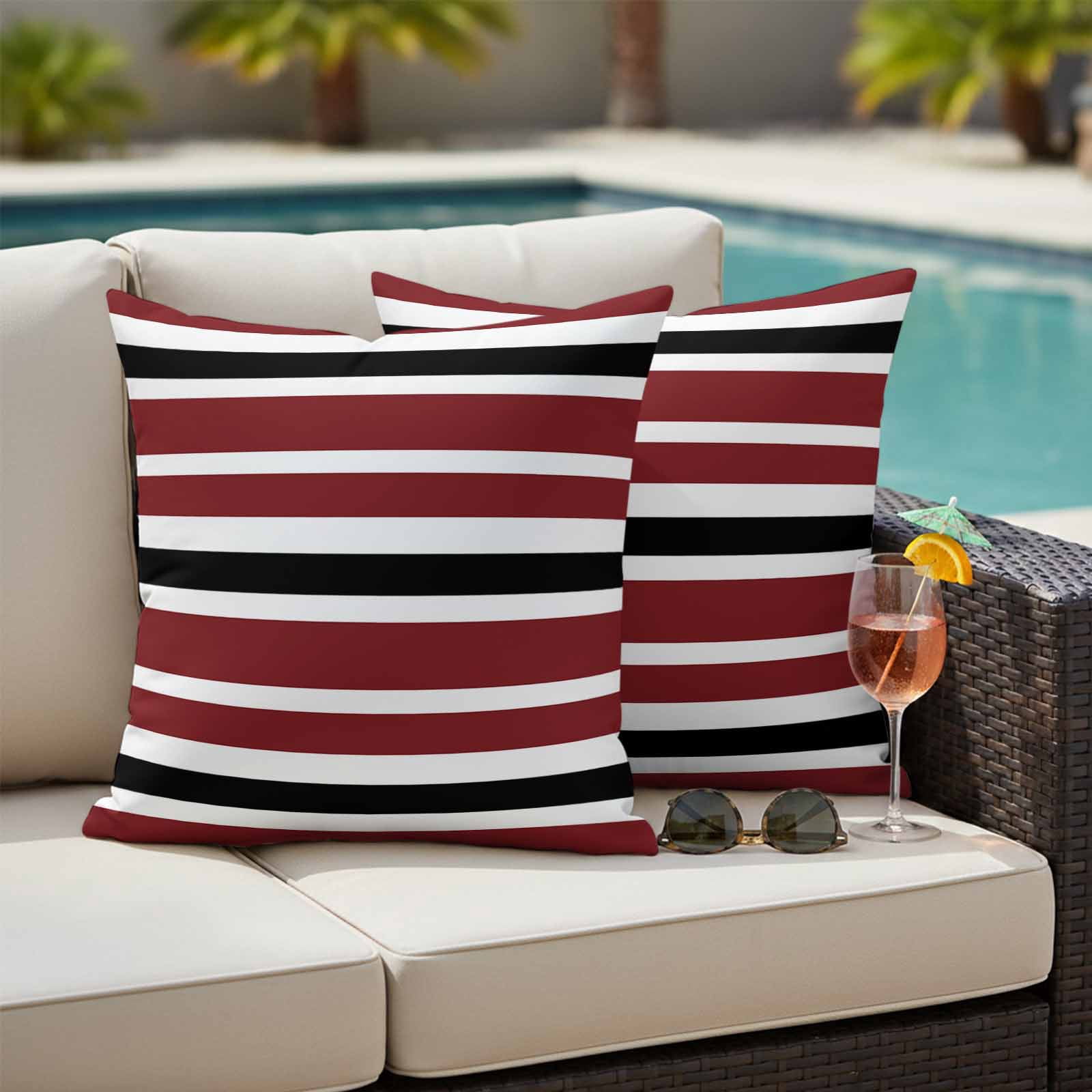 Outdoor Pillow Covers Vintage Burgundy Red Black White Stripes Waterproof Pillow Cases 18x18 Set of 2, Minimalist Line Throw Pillow Cover Pillowcase for Patio Balcony Couch Garden