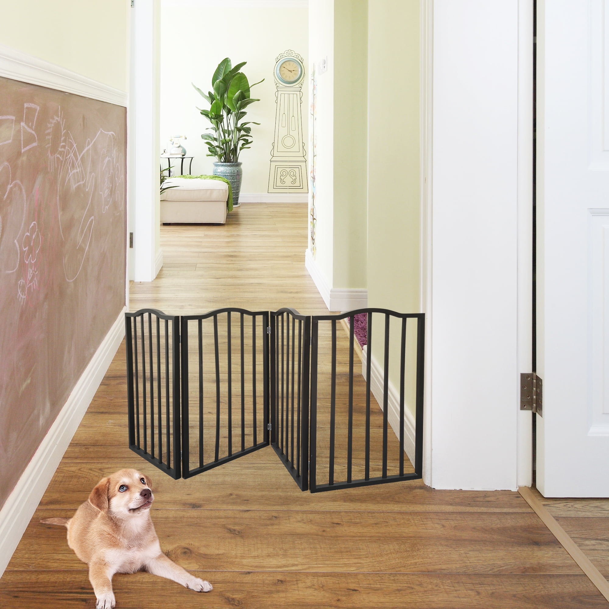 Xilee Dog Gate | 4 Panel,32" H Wooden Pet Barrier for Dogs or Cats ,Solid Wood Foldable Pet Gate with Support Feet, Wooden Tall Dog Gate for Doorway, Stairs & Indoor Use, 72" Wide Expandable
