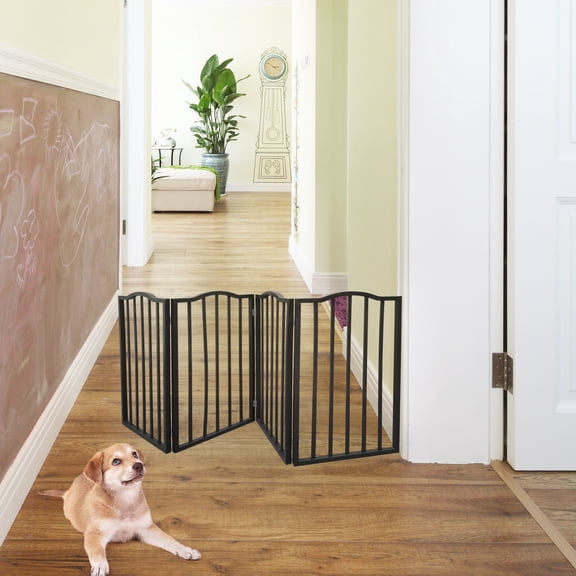 Dark Brown Populus Wood Pet Gate, 73x32in Freestanding Foldable Pet Barrier, No Installation Lightweight Pet Gate for Indoor Use